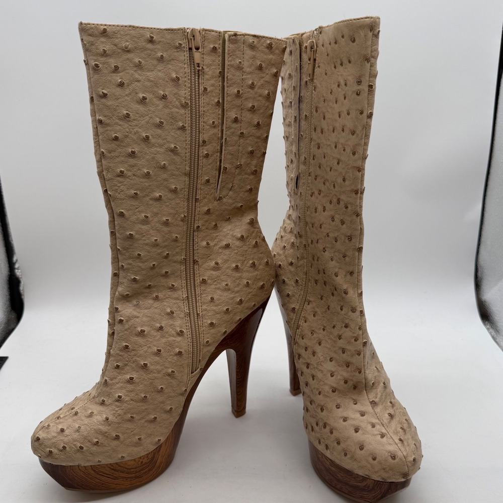 Mona Mia Tan Faux Ostrich Platform‎ Boots Wood Grain Stiletto mob wife statement